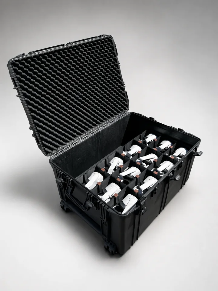 The open Briefcase with twelve Meta Quest 2 headsets in fitted bays.
