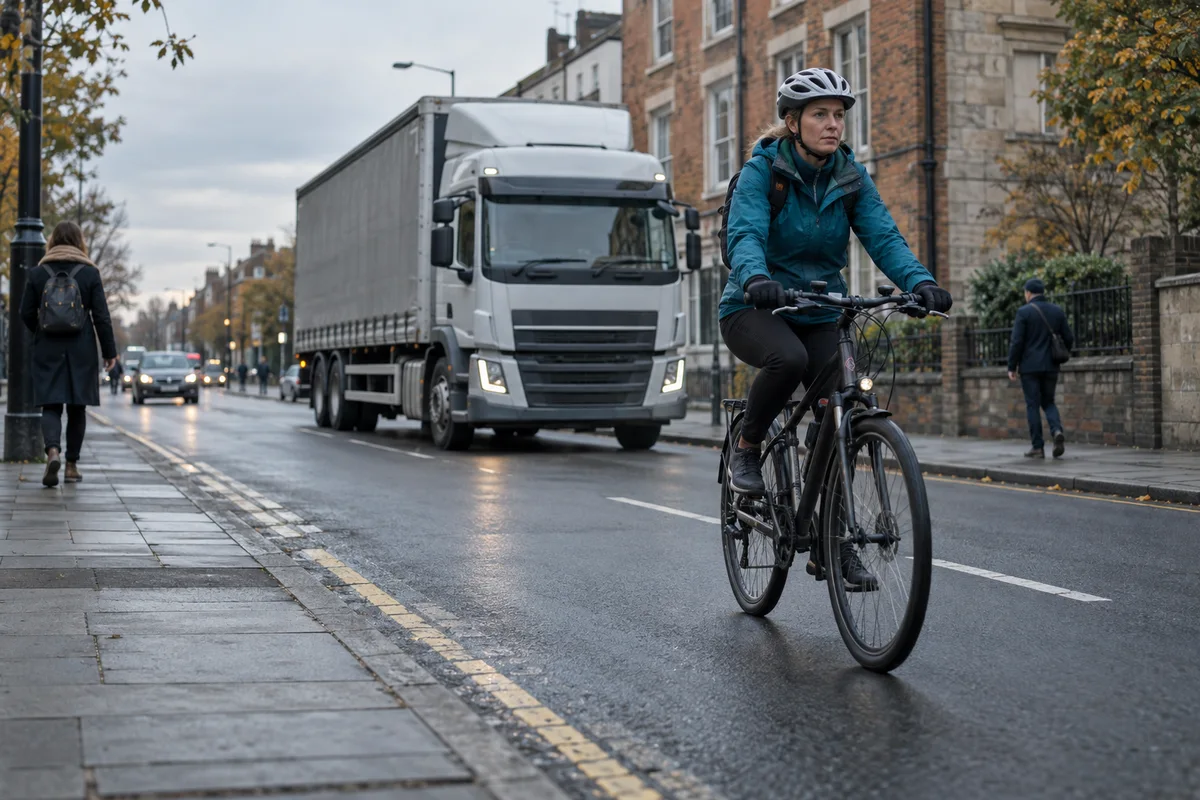 Illustration of a cyclist and a goods vehicle sharing a British urban road, with pedestrians on the pavement.